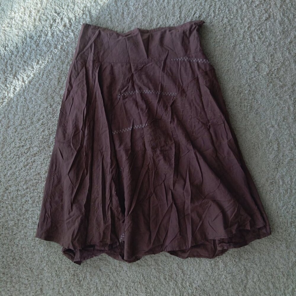 Vintage Y2K Kommotion Brown Fairy Floral Eyelet Midi Skirt with Asymmetric Seam